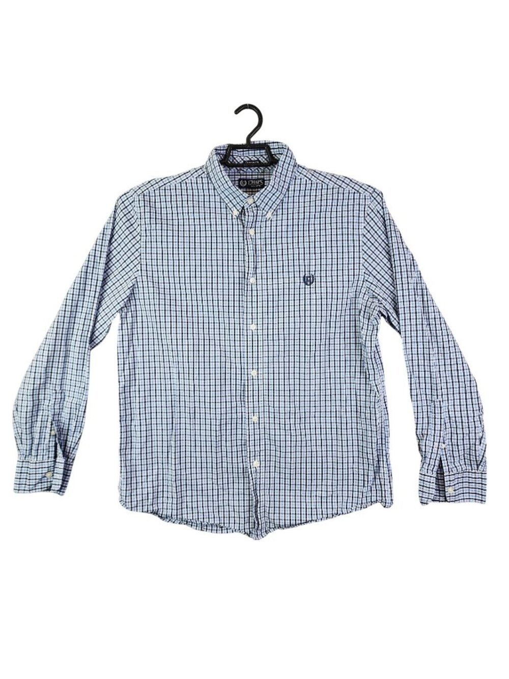 Mens Chaps Blue White Plaid Custom Fit Button Up Shirt Long Sleeve Cotton Size L